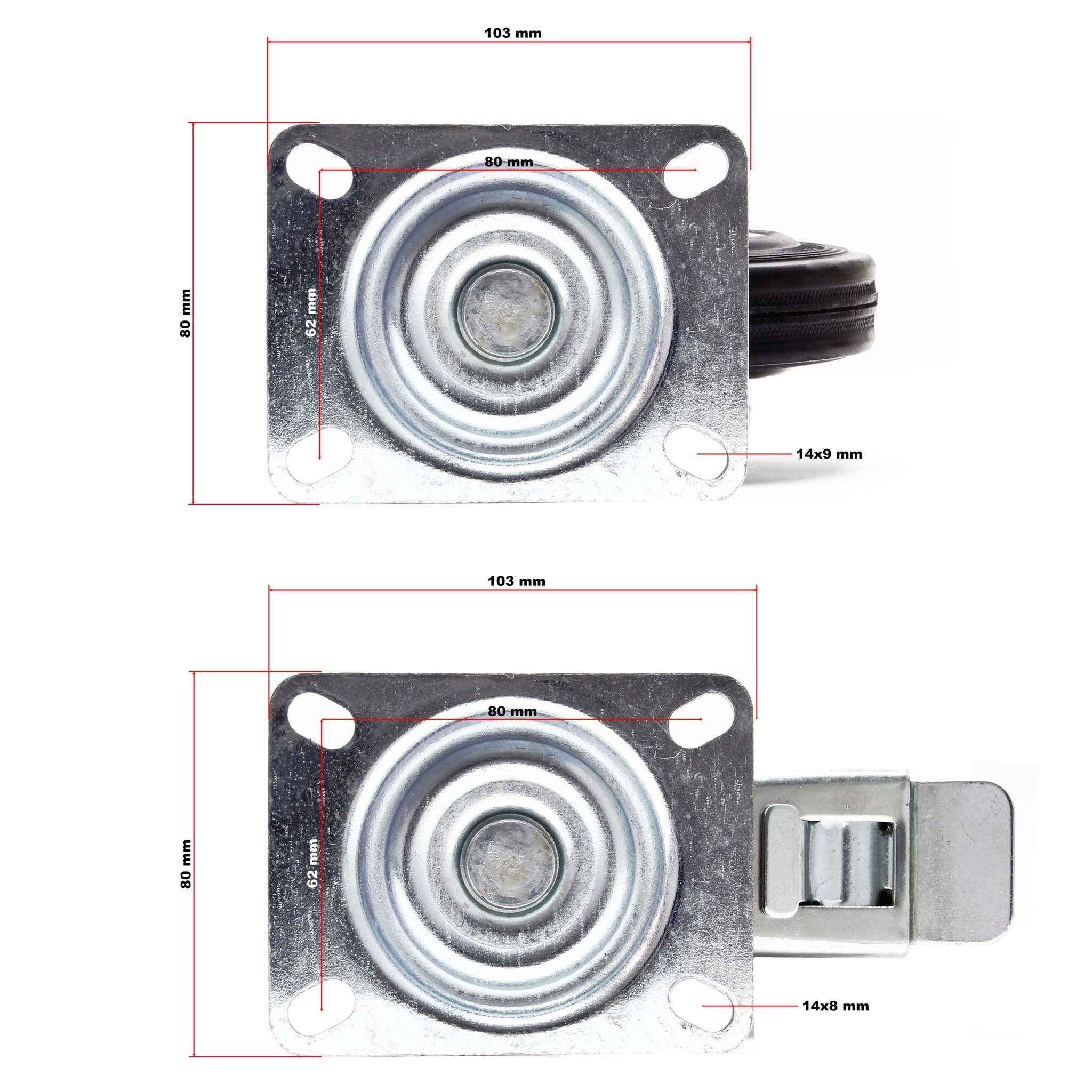 Set 4 ruote piroettanti, freno doppio blocco, Rotella 125mm max 100kg, metallo e gomma piena