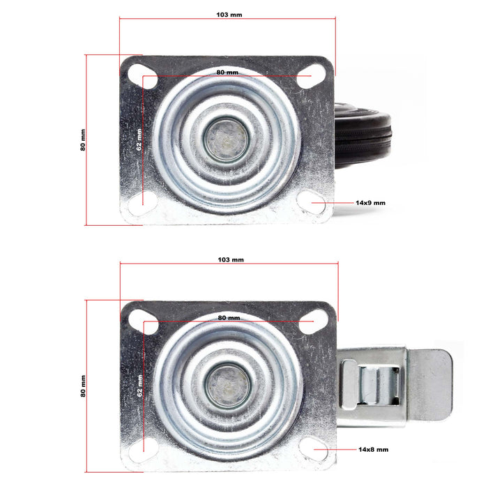 Set 4 ruote piroettanti, freno doppio blocco, Rotella 125mm max 100kg, metallo e gomma piena