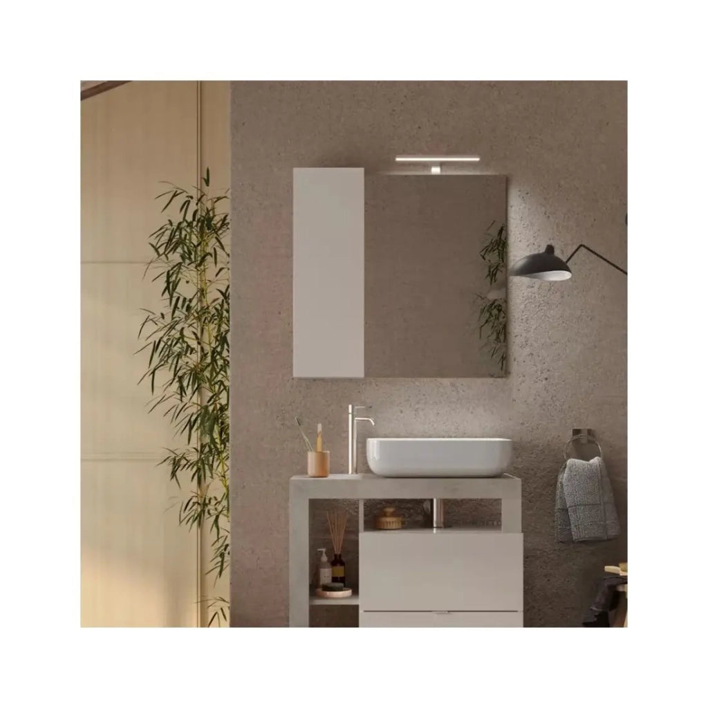 Specchio BURA – Design con contenitore, 78x75 cm, colori bianco lucido e cemento