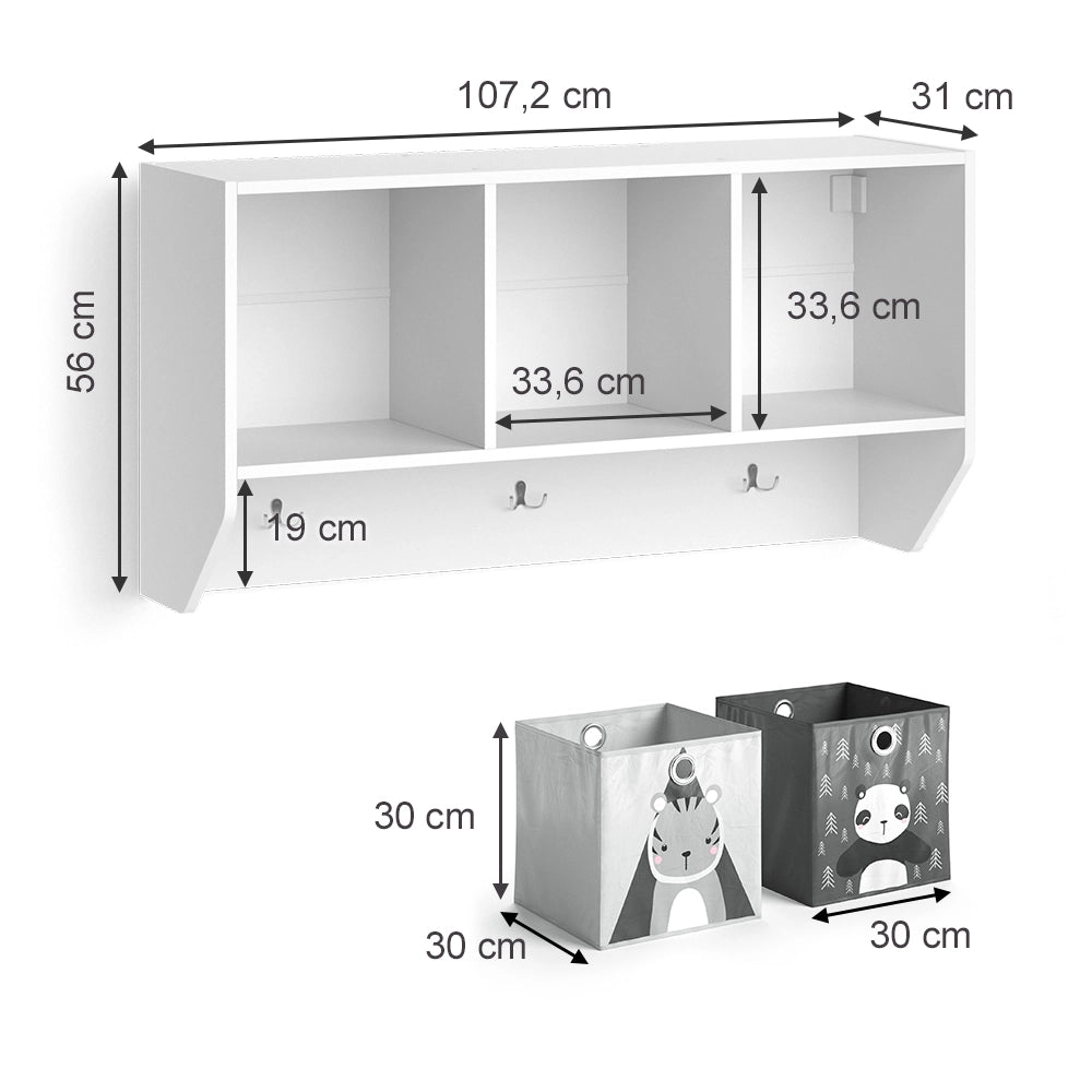 Vicco Scaffale a muro per bambini Bianco 31 x 56 cm con 2 scatole pieghevoli opt.1