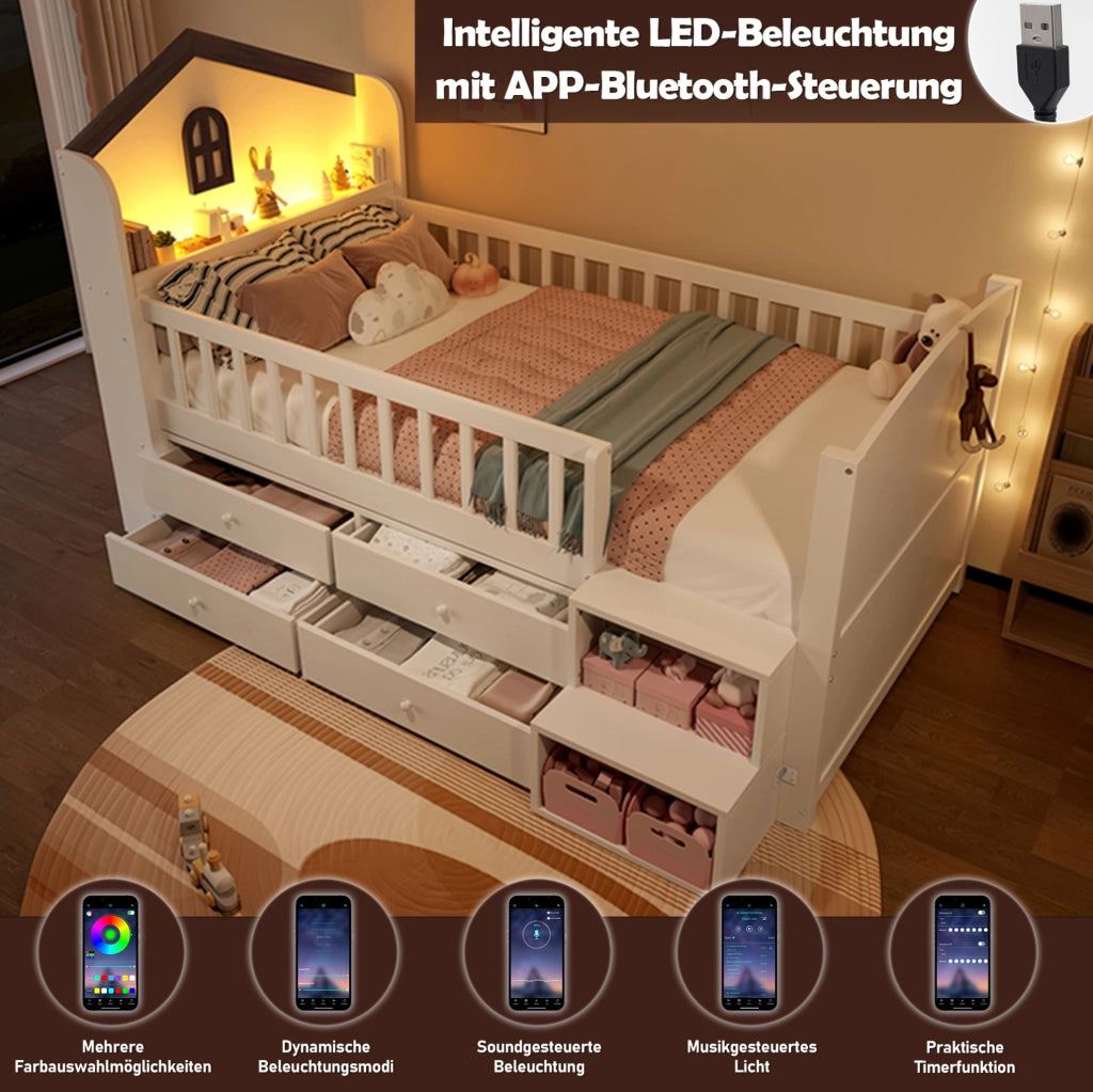 Letto rialzato a forma di casa 90x200 cm con LED e cassetti