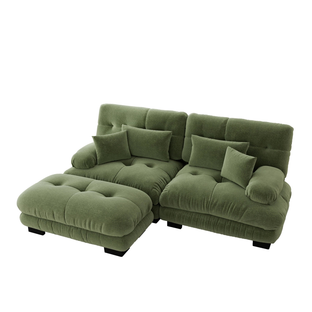 Divano angolare modulare in chenille con cuscini lombari e ottomani, verde, 220 × 145 × 81 cm