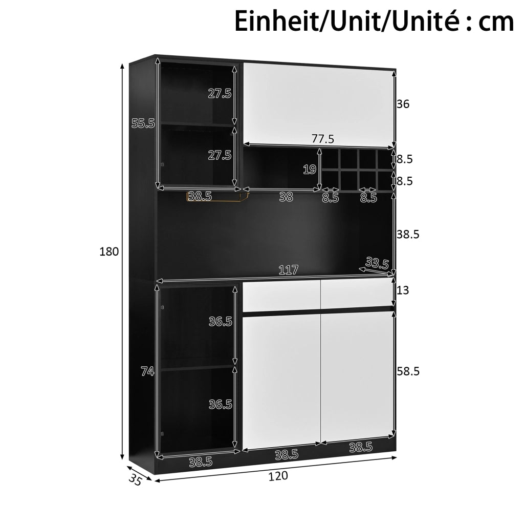 Highboard moderno con LED e vetrine 120x35x180 cm in MDF; nero e bianco
