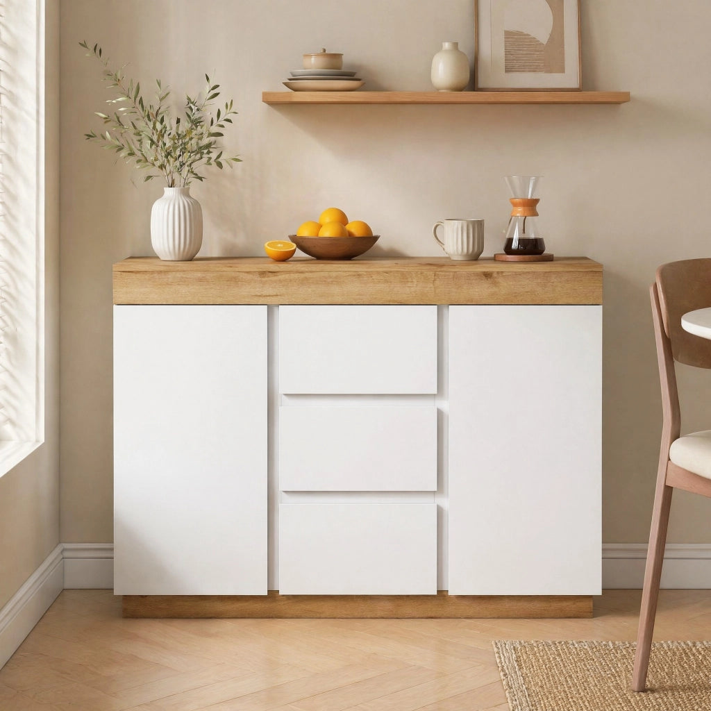 Cassettiera con 3 cassetti e 2 ante, mobile contenitore in truciolare E1, bianco e effetto rovere