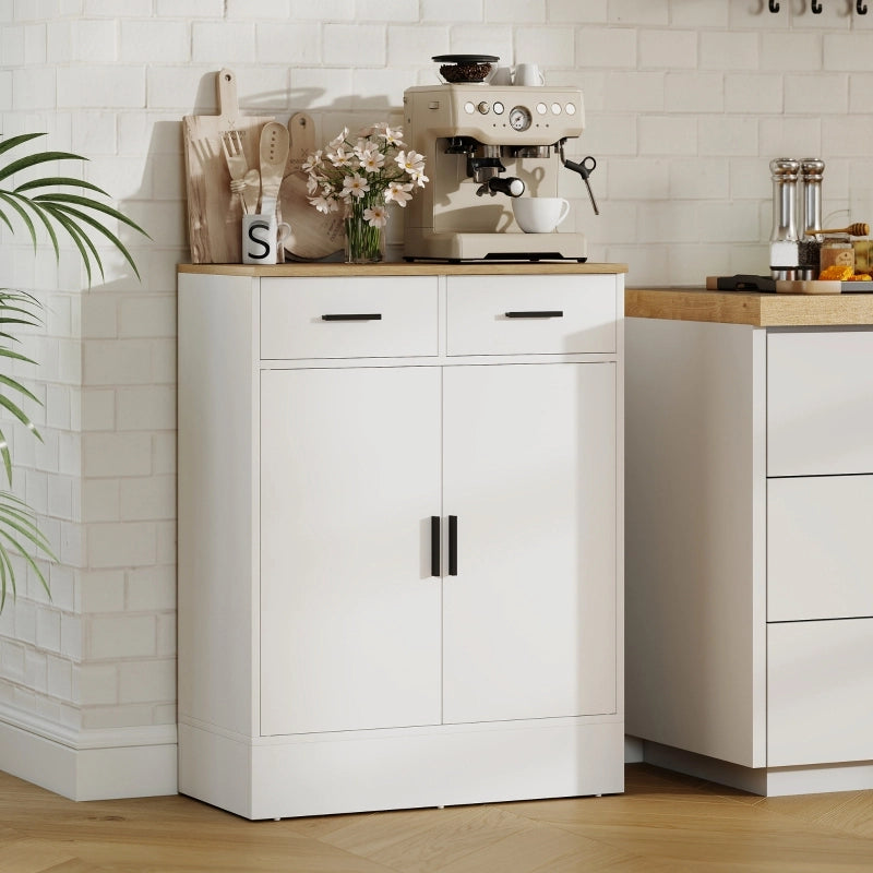 Credenza con 2 cassetti; ripiano regolabile e 2 vani; per soggiorno e cucina; in legno bianco; 68.6×35×90.3 cm