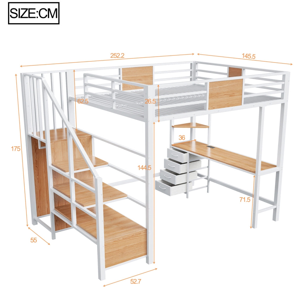 Letto a castello 140x200 cm bianco in metallo e MDF con scrivania e LED