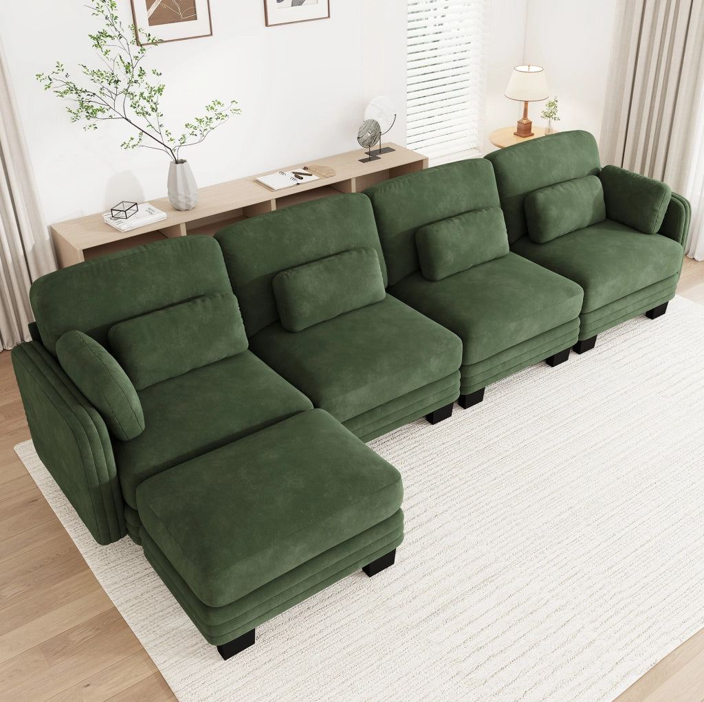 Divano modulare in ciniglia verde con pouf separato e cuscini lombari e bracciolo