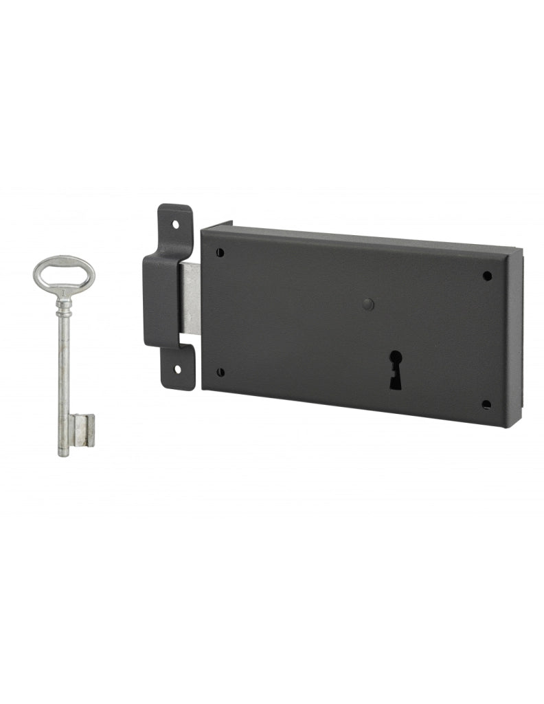 Serratura orizzontale da applicare con chiave per porta di cantina, solo catenaccio, sinistra, asse 105mm, 160x80mm, nero, 1 chiave - THIRARD