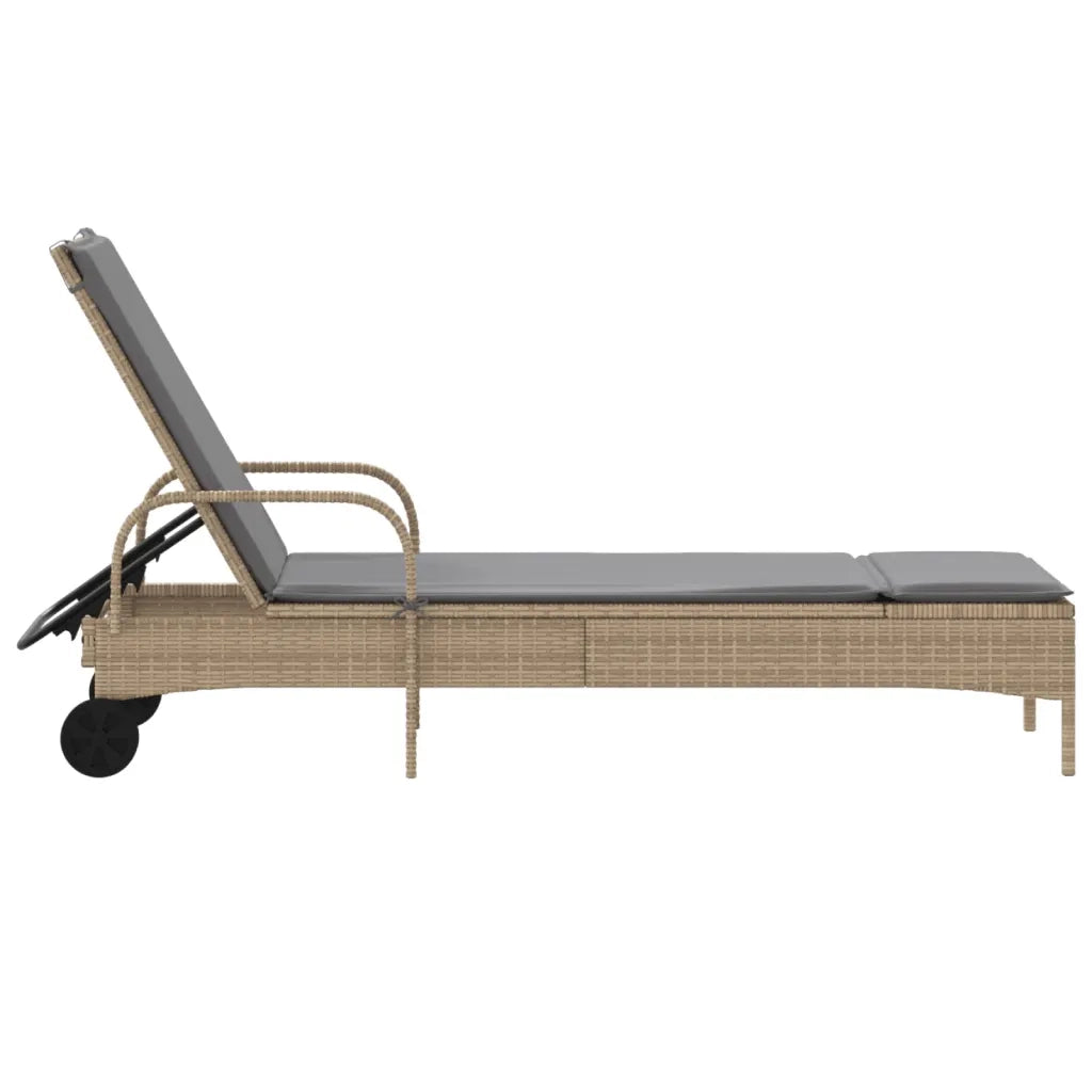 Lettino Prendisole con Ruote e Cuscino in Polyrattan Beige 368311