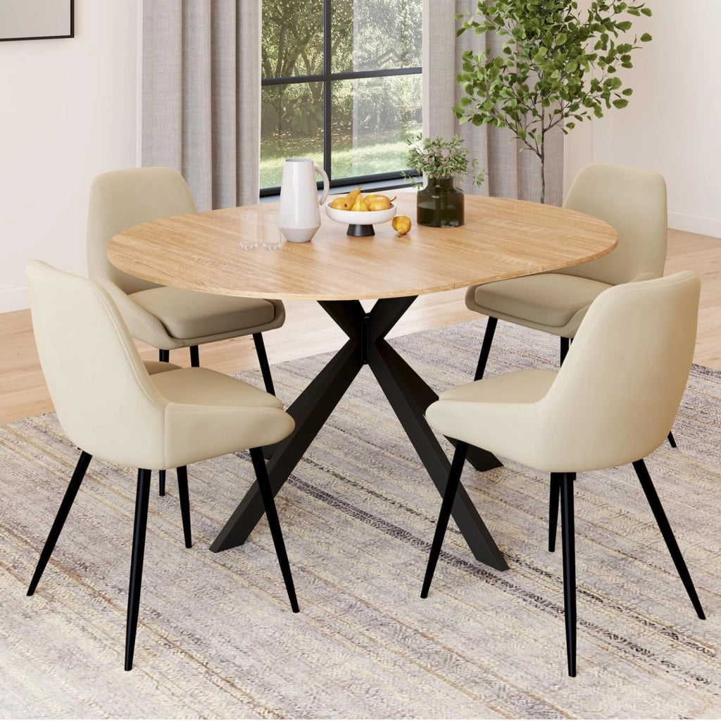 Set di Tavolo da Pranzo Rotondo allungabile Alix in Legno e Nero da 110-150 cm e 4 sedie in Velluto Beige THALYA