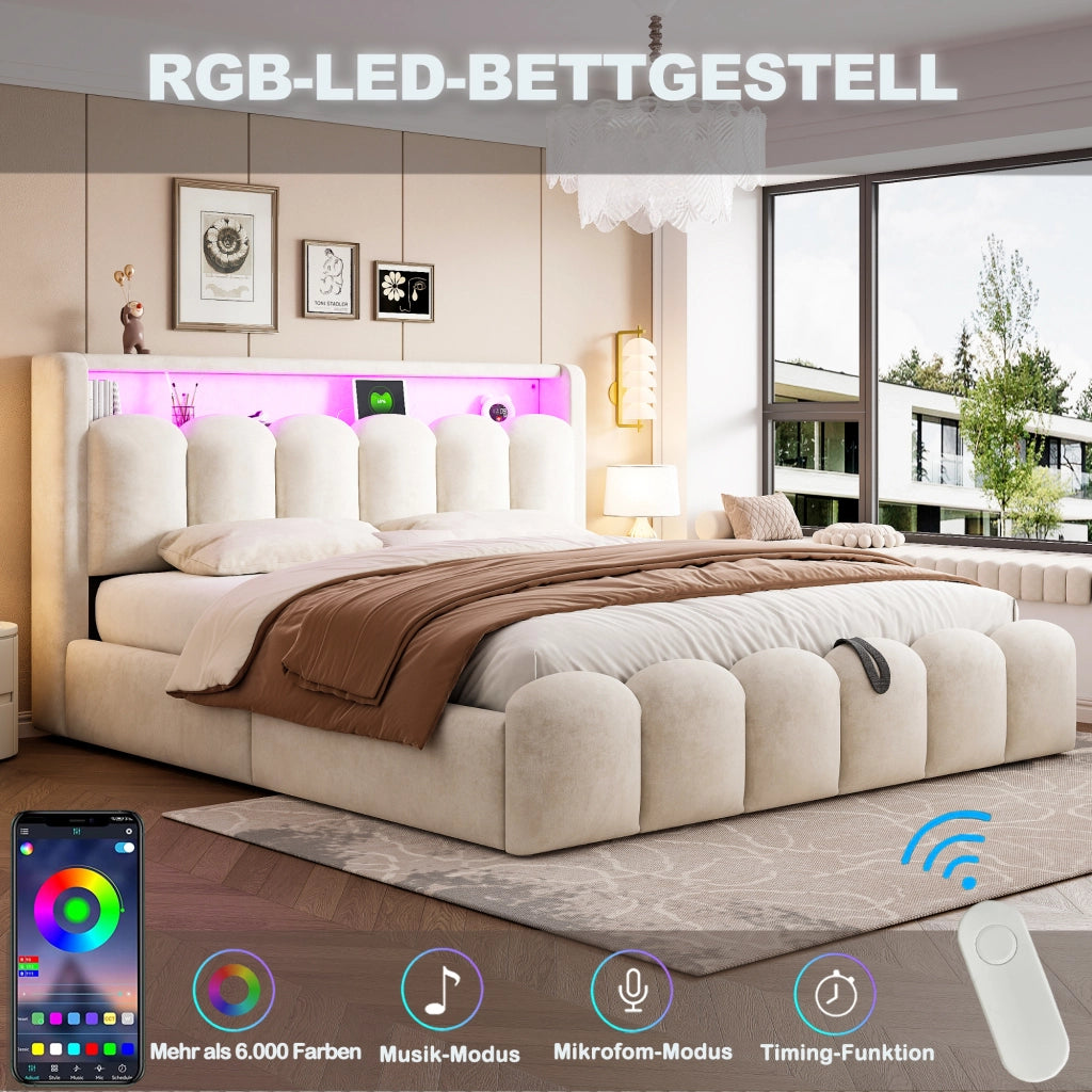 Letto Contenitore Matrimoniale 180x200 cm; USB; Type-C; LED; in Velluto - Beige