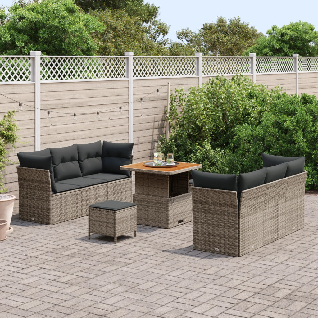 Set di divano da giardino  9 pezzi con cuscini Grigio Polyrattan Acacia