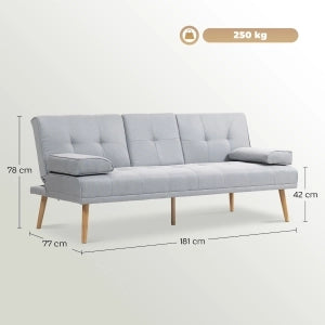 Divano letto a 3 posti con schienale regolabile e tavolino centrale in poliestere grigio chiaro 181 × 77 × 72 cm