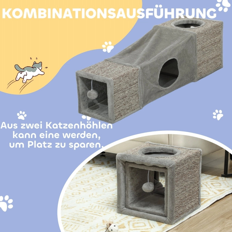 Tiragraffi per gatti con tunnel e due cucce interne in peluche, design combinato in poliestere marrone 98 × 30 × 30 cm