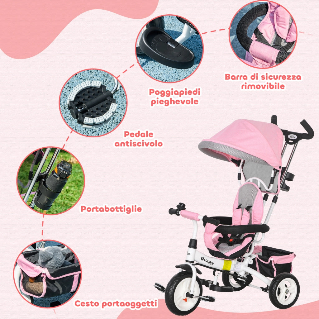 Triciclo 6 in 1 per Bambini ¨C Xylo ¨C con Maniglione, Tettuccio Regolabile e Cintura di Sicurezza, Rosa, 1-5 Anni