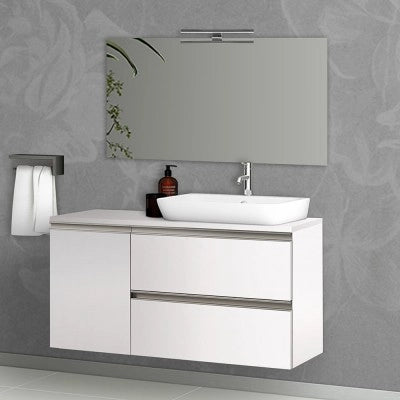 Mobile bagno sospeso 120 cm bianco opaco con due cassetti anta e specchio tondo Master
