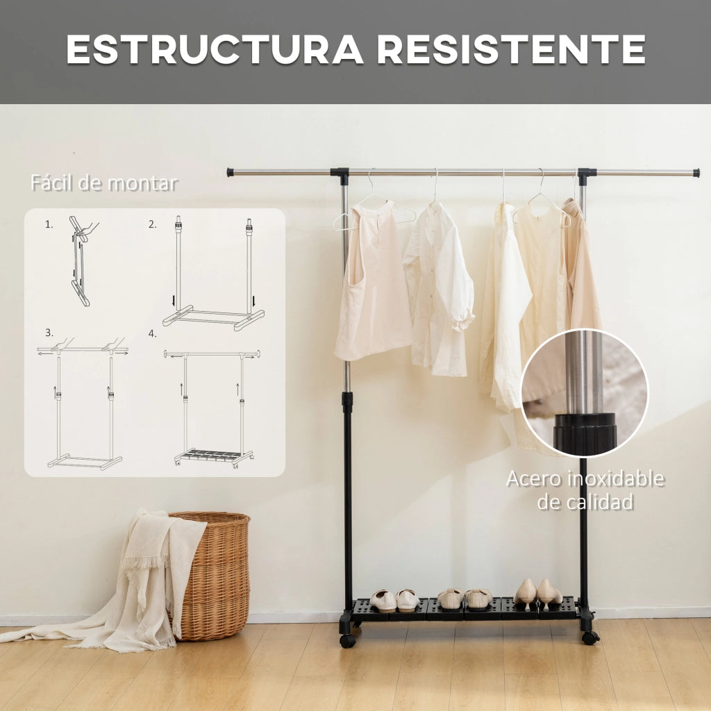 Carrello Stendibiancheria con Ruote e Scaffale Scarpe ¨C Zephmum ¨C 159x42x168 cm Nero Argento