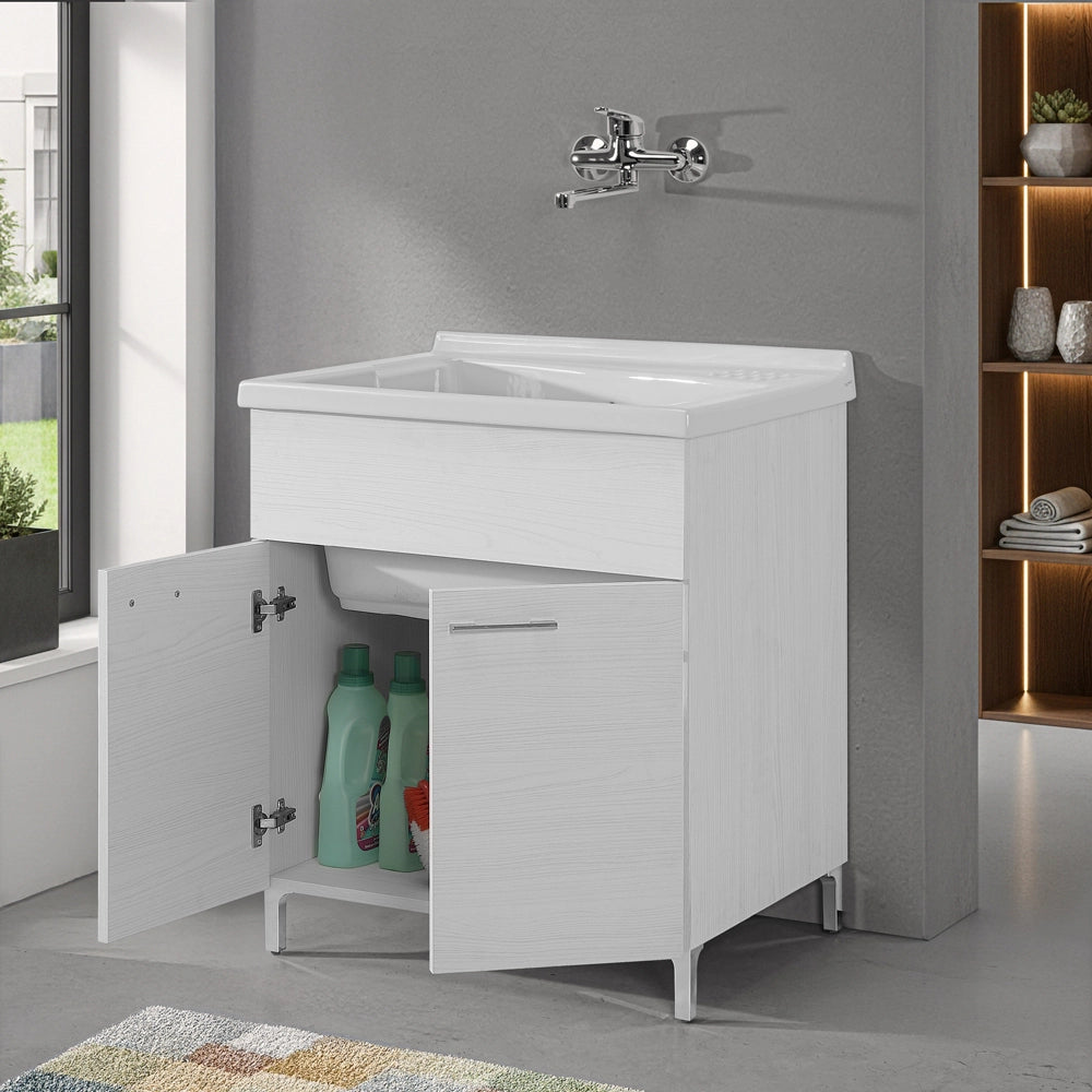 Mobile lavatoio 75x60cm bianco frassino con due ante e vasca in ceramica Revine