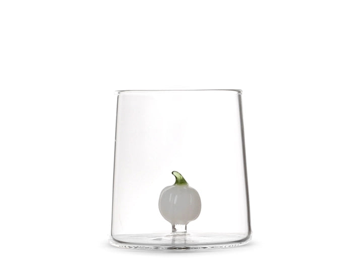Bicchiere in vetro borosilicato trasparente con miniature decoro zucca bianca
