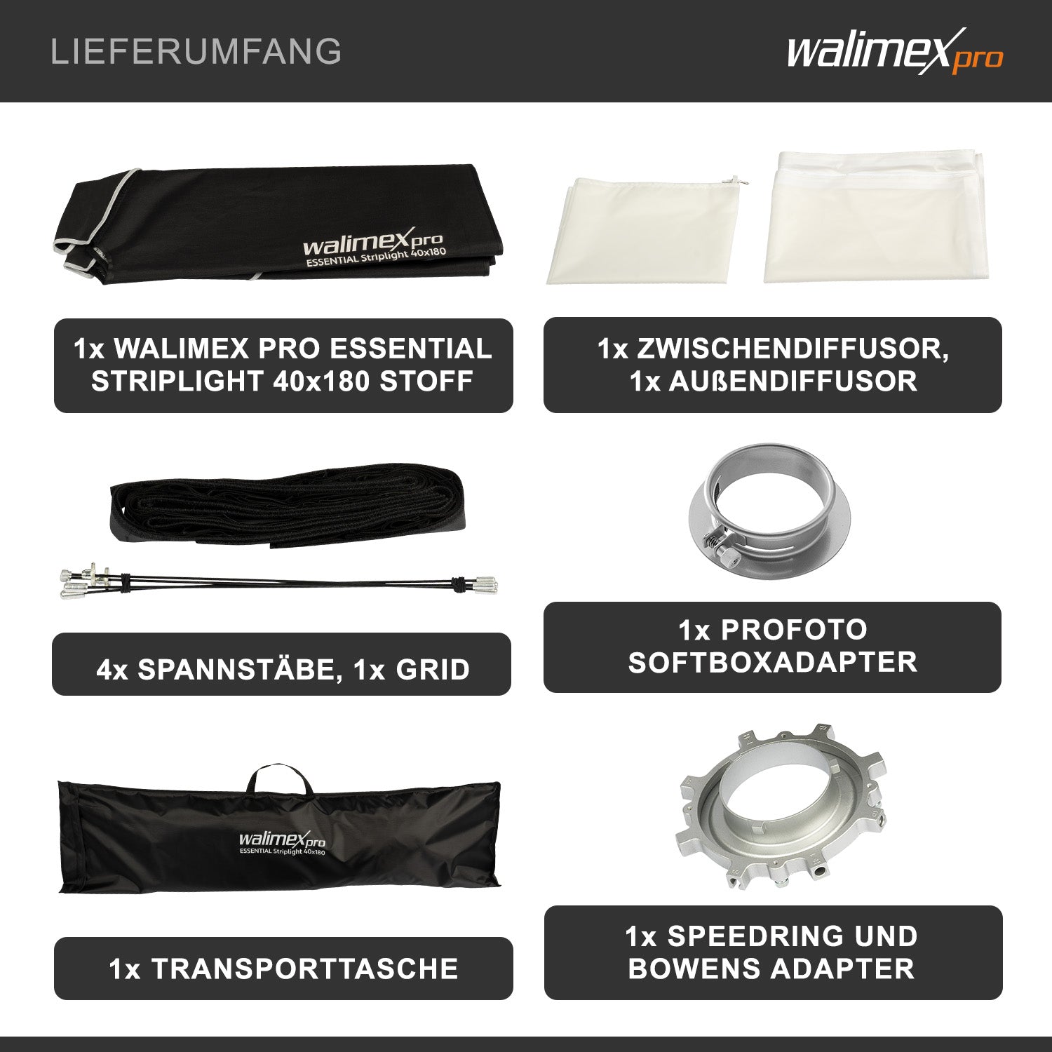 Essential Striplight Softbox 40x180cm + adattatore softbox per Profoto (diametro esterno: 15,2 cm), ruotabile a 360°, facile da montare, griglia inclusa