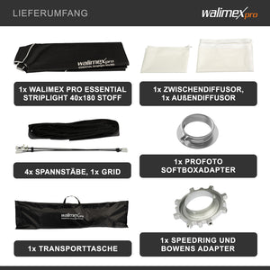 Essential Striplight Softbox 40x180cm + adattatore softbox per Profoto (diametro esterno: 15,2 cm), ruotabile a 360°, facile da montare, griglia inclusa