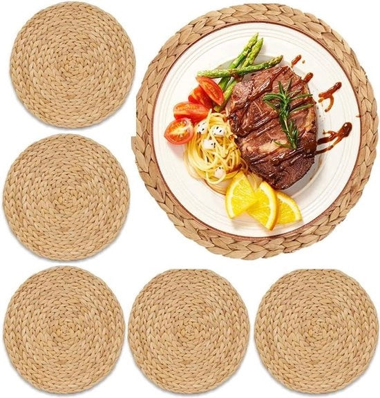 Set di 6 piatti rotondi in vimini e acquaiggiacinto - 30 cm - lavabile - natura - boho - piatti per tavolo - piatti per tavola - piatti isolanti