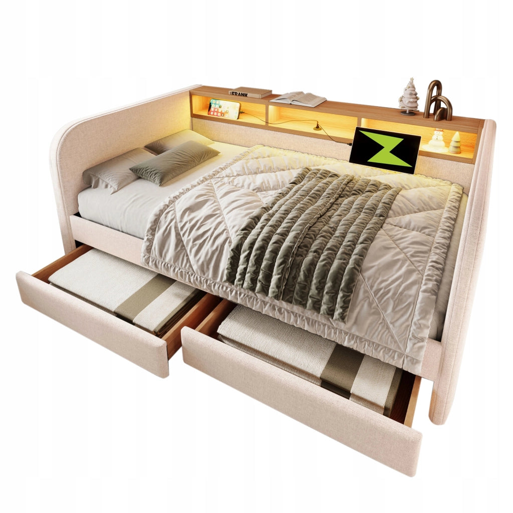 Letto imbottito 140x190 - Xylo - LED, USB-C, cassetti, colore beige chiaro