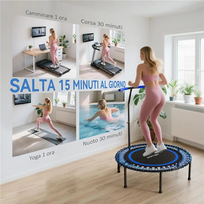 TRAMPOLINO FITNESS 145 CM CON MANUBRIO REGOLABILE SU 5 POSIZIONI, 36 MOLLE BUNGEE, CAPACITÀ 150 KG, BLU