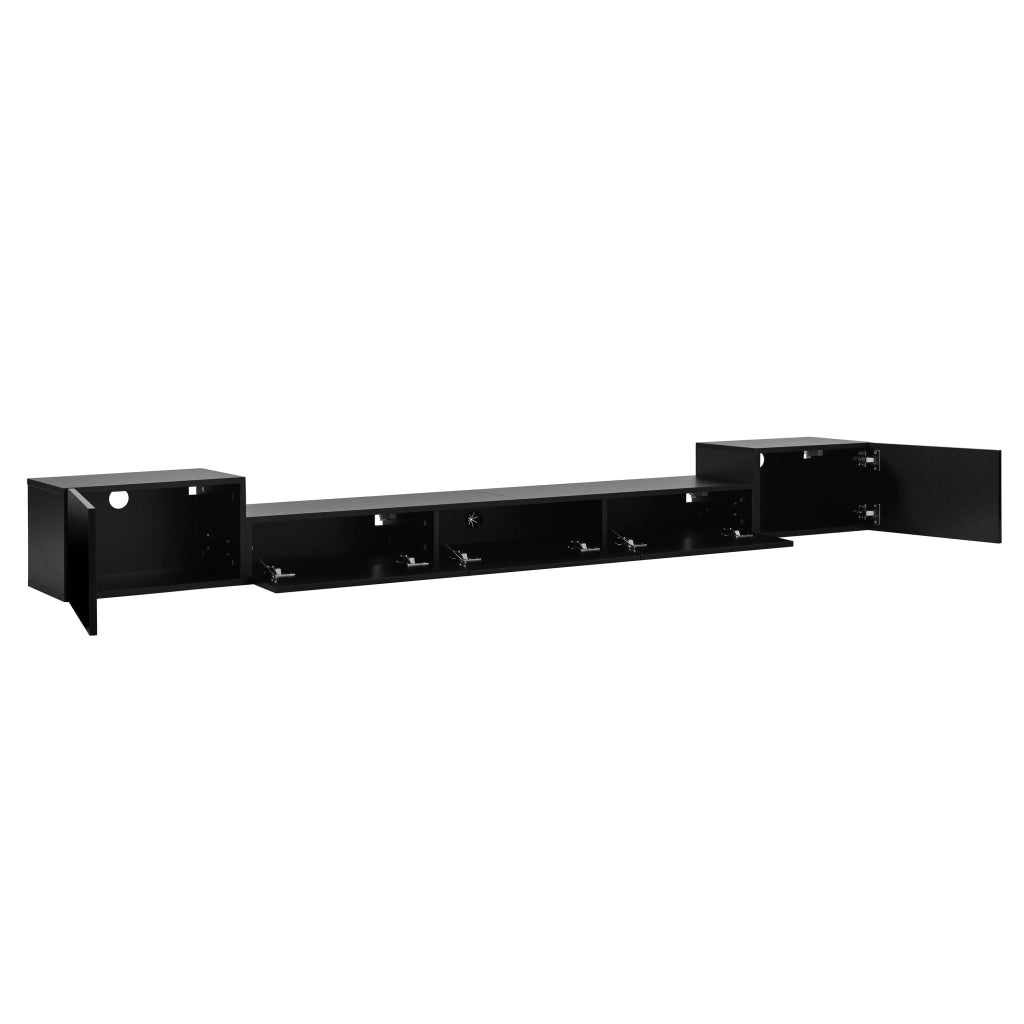 Mobile porta TV sospeso con 2 ante a battente, 3 ante a ribalta e LED app, per soggiorno, nero, 245 × 30 × 26 cm