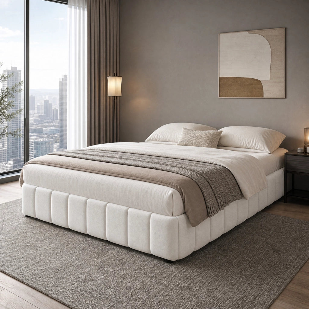 Letto matrimoniale 140x200 cm con contenitore idraulico; senza testiera; in lino beige