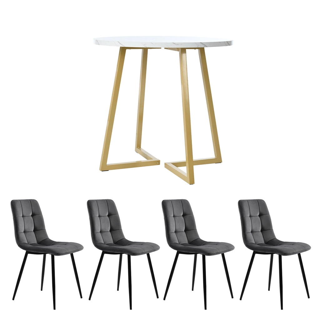 Tavolo da pranzo per 4 persone con 4 sedie, piano rotondo con motivo marmo, gambe in metallo per cucina
