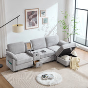 Divano grande in velluto a coste con console scorrevole; USB-C e pouf contenitore; grigio chiaro
