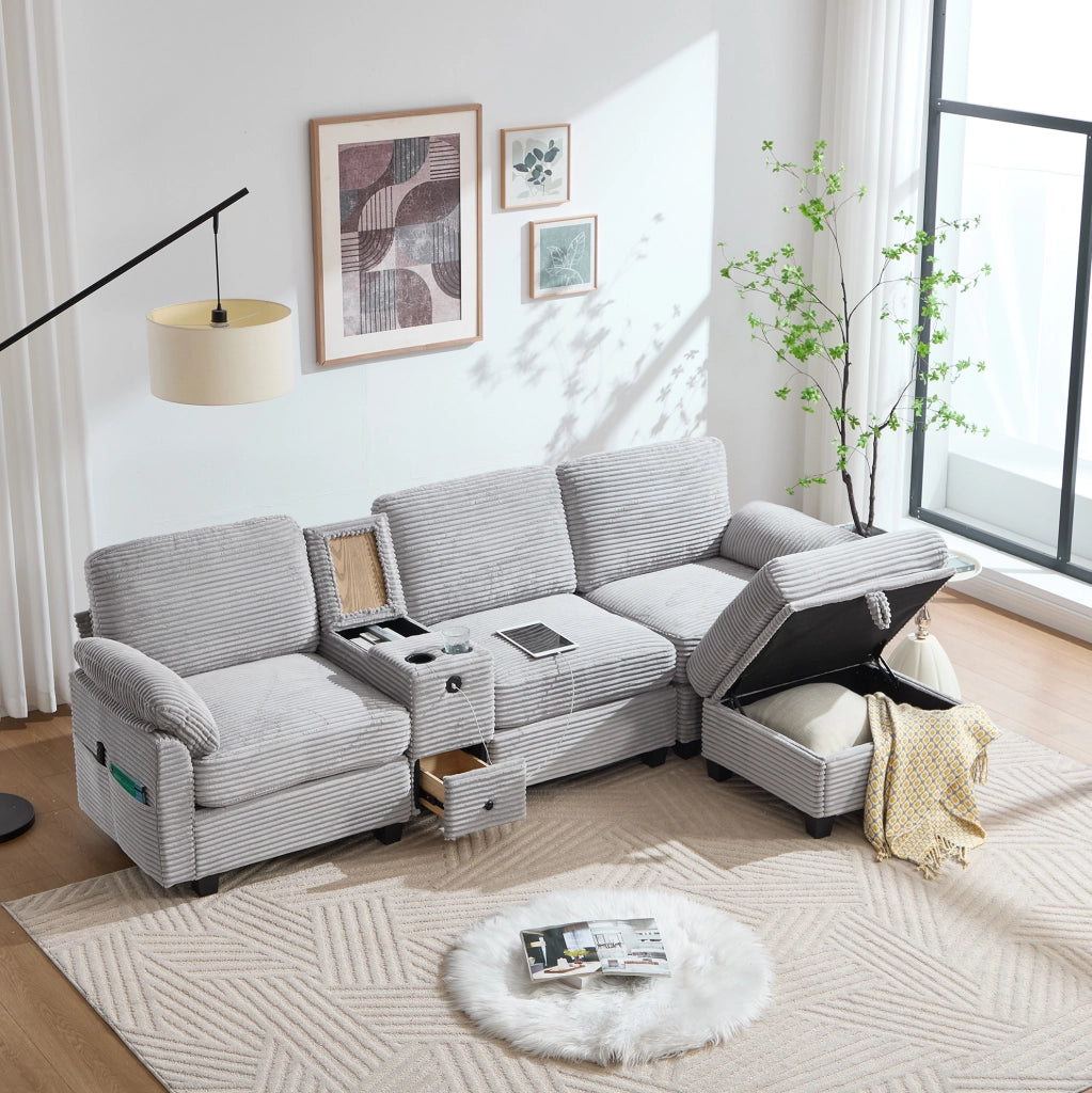 Divano grande in velluto a coste con console scorrevole; USB-C e pouf contenitore; grigio chiaro