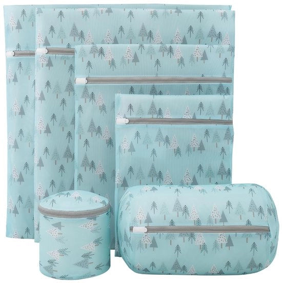 Set di asciugatura per lavatrice 6 pezzi. Colore azzurro chiaro. Materiale legno profondo. Adatto per capi con push-up, lavatrice per bambini, cinture di chiusura, capi con sottovesti, gonne, calze e peluche.