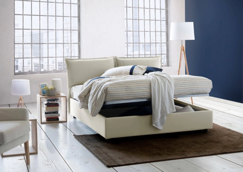 Letto matrimoniale Aris, Letto contenitore con rivestimento in tessuto, Made in Italy, Apertura frontale, adatto per materasso cm 160x200, Beige