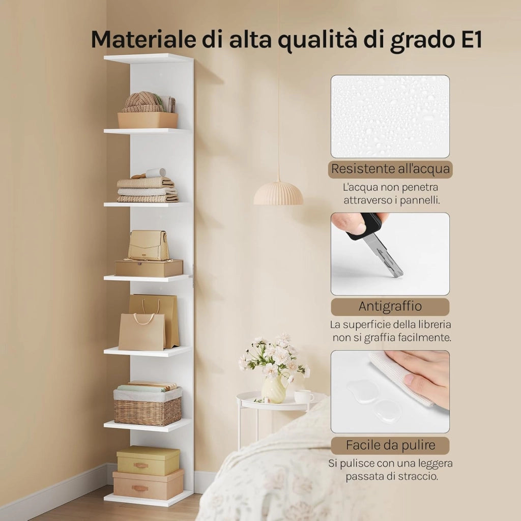 Scaffale Angolare Modulabile, Libreria a Muro 7 Livelli o 2 Scaffali Indipendenti da 4 Livelli, in Legno per Soggiorno, Camera da Letto, Cucina, Colore Bianco