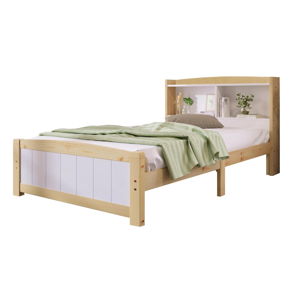 Letto singolo 90x200 cm in legno massello con testiera contenitore, bianco