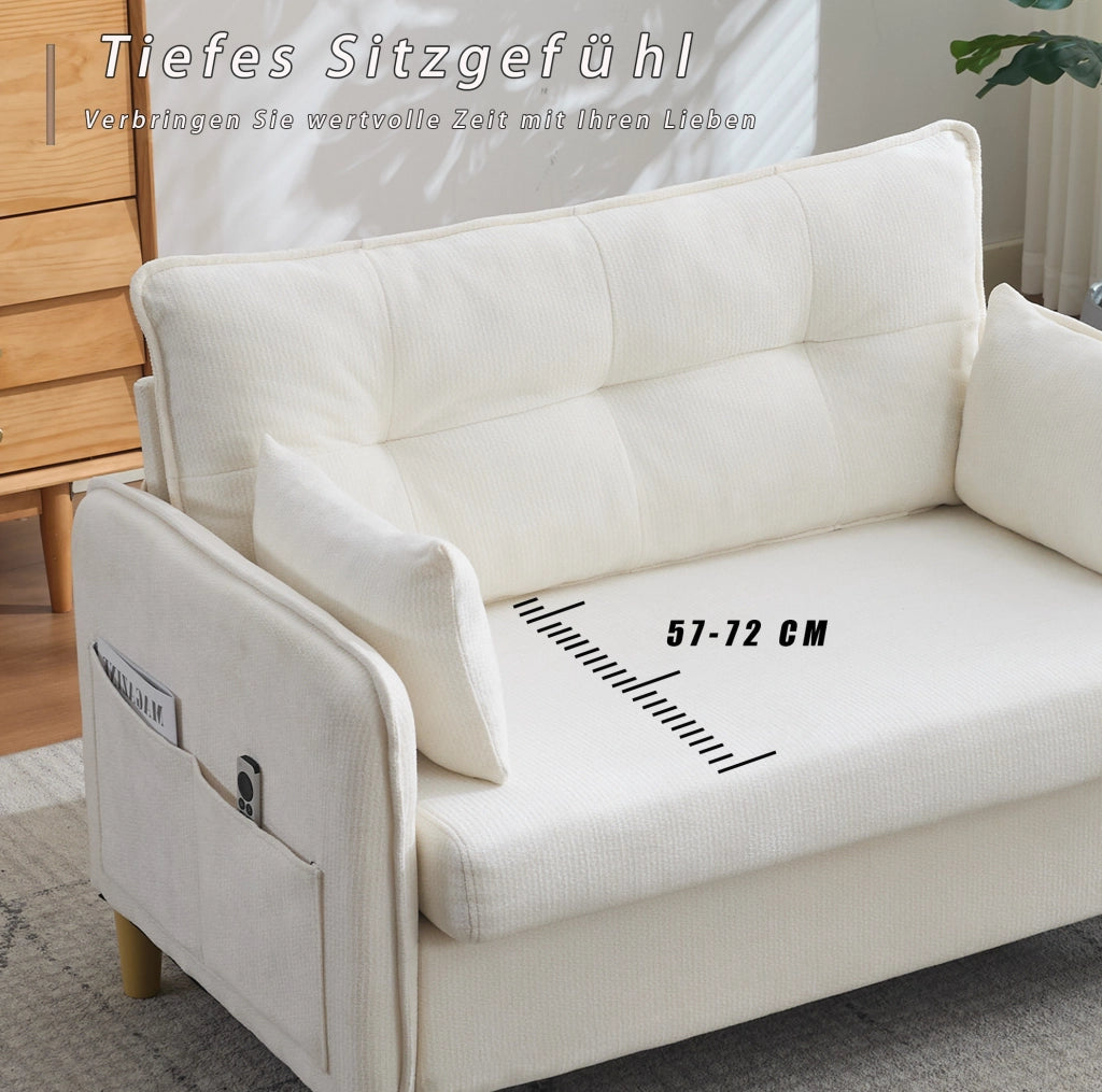 Divano a 2 posti beige con braccioli e tasche laterali