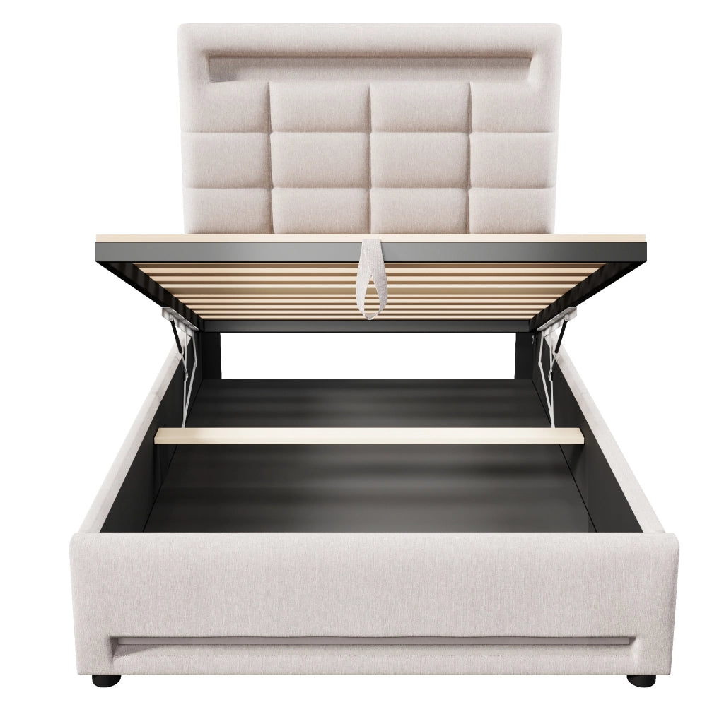 Letto imbottito 90x200 cm in lino beige con LED APP; USB e contenitore idraulico