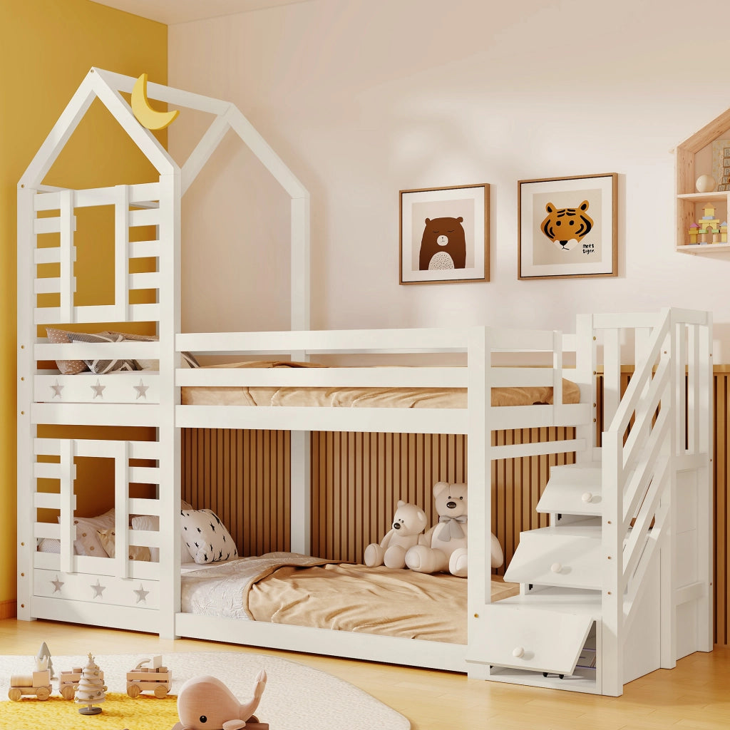 OKWISH Letto a Castello a Casetta 90×200 cm, Letto Singolo con 2 Cassetti, Scala con Contenitori e Spondina, senza Materasso, Legno, Bianco