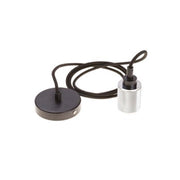 PENDENTE ASSEMBLATO 2M, PORTALAMPADA E27 IN METALLO MODERNO ARGENTO, ROSONE NERO Ø 100MM H 35MM, CAVO TONDO 3X0,75 NERO