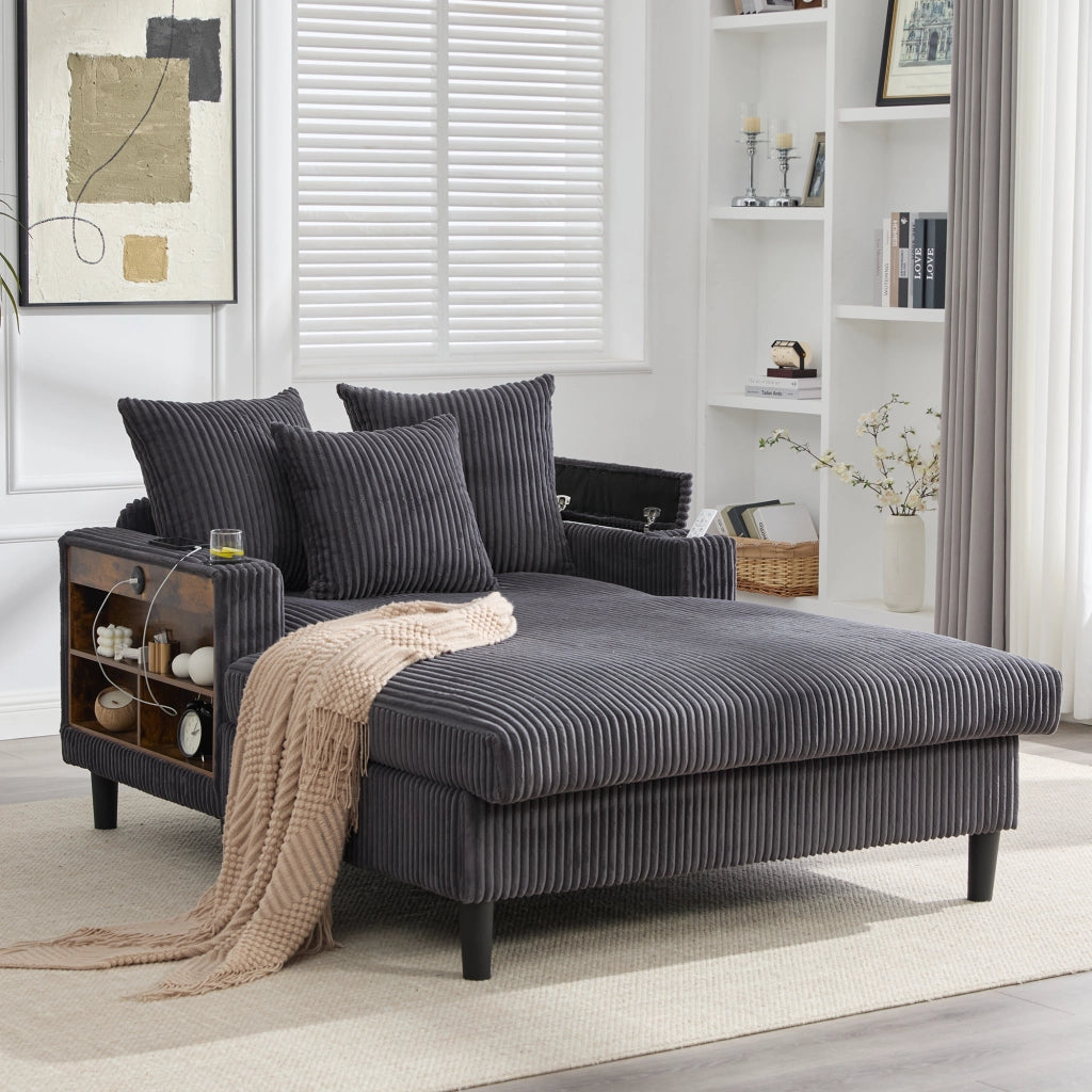 Chaise Longue con LED, USB, Vano Contenitore, Portabicchieri e Tasca Laterale, in Velluto a Coste Grigio Scuro