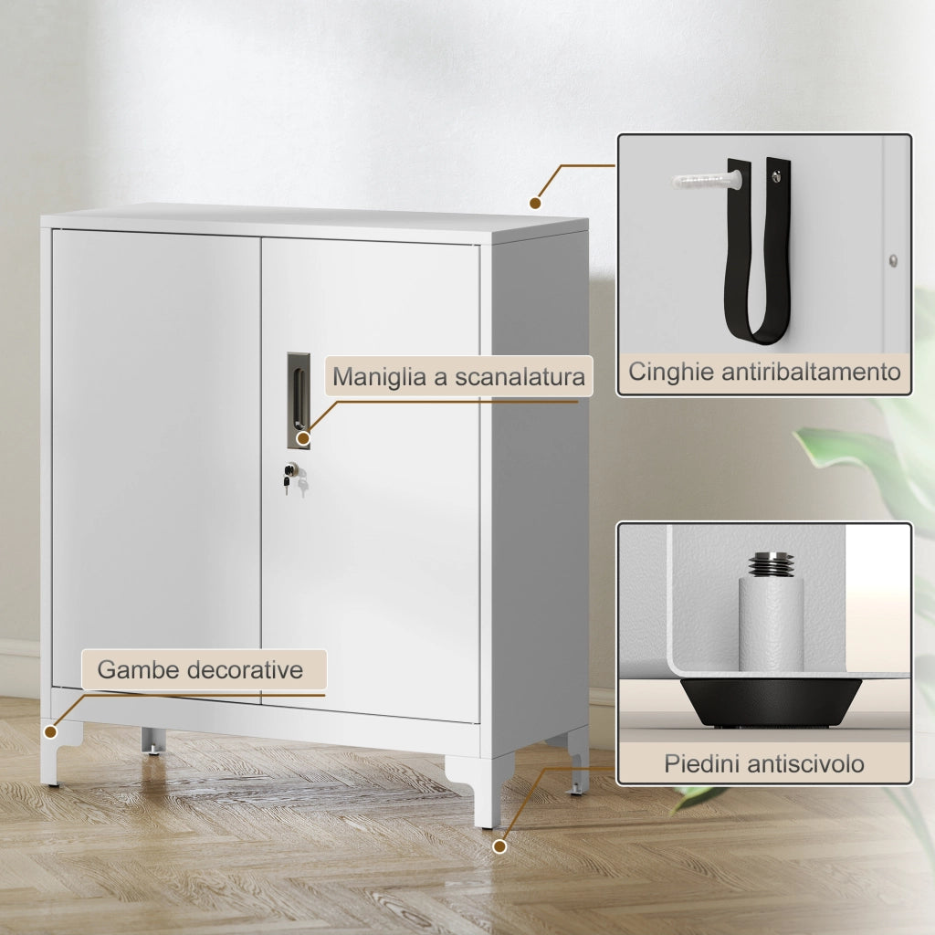 Mobile da Ufficio Portadocumenti con 3 Ripiani, 2 Ante e Chiavi, 80x35x91 cm, Bianco