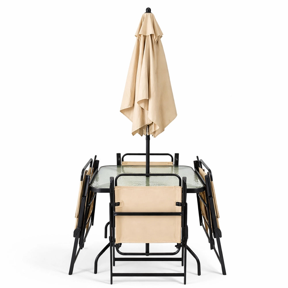 Set da Pranzo 6 Pezzi per Giardino Patio con Ombrellone 4 Sedie Pieghevoli Beige