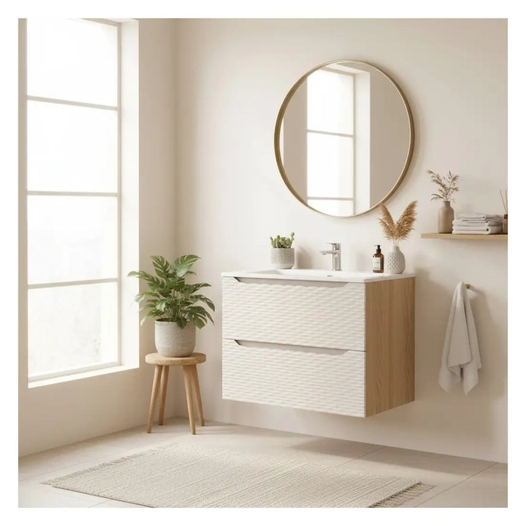 Set da bagno YOKA beige: mobile sottolavabo 70cm con cassetti + lavabo da incasso