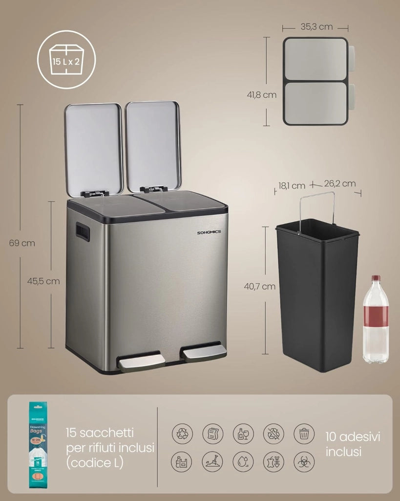 SONGMICS Pattumiera Cucina 2 x 15 L, Cestino per Raccolta Differenziata 2 Scomparti, 15 Sacchetti, Secchi Rimovibili, Coperchio, Maniglie, Chiusura Morbida, Acciaio Inox, Argento LTB130EZ01