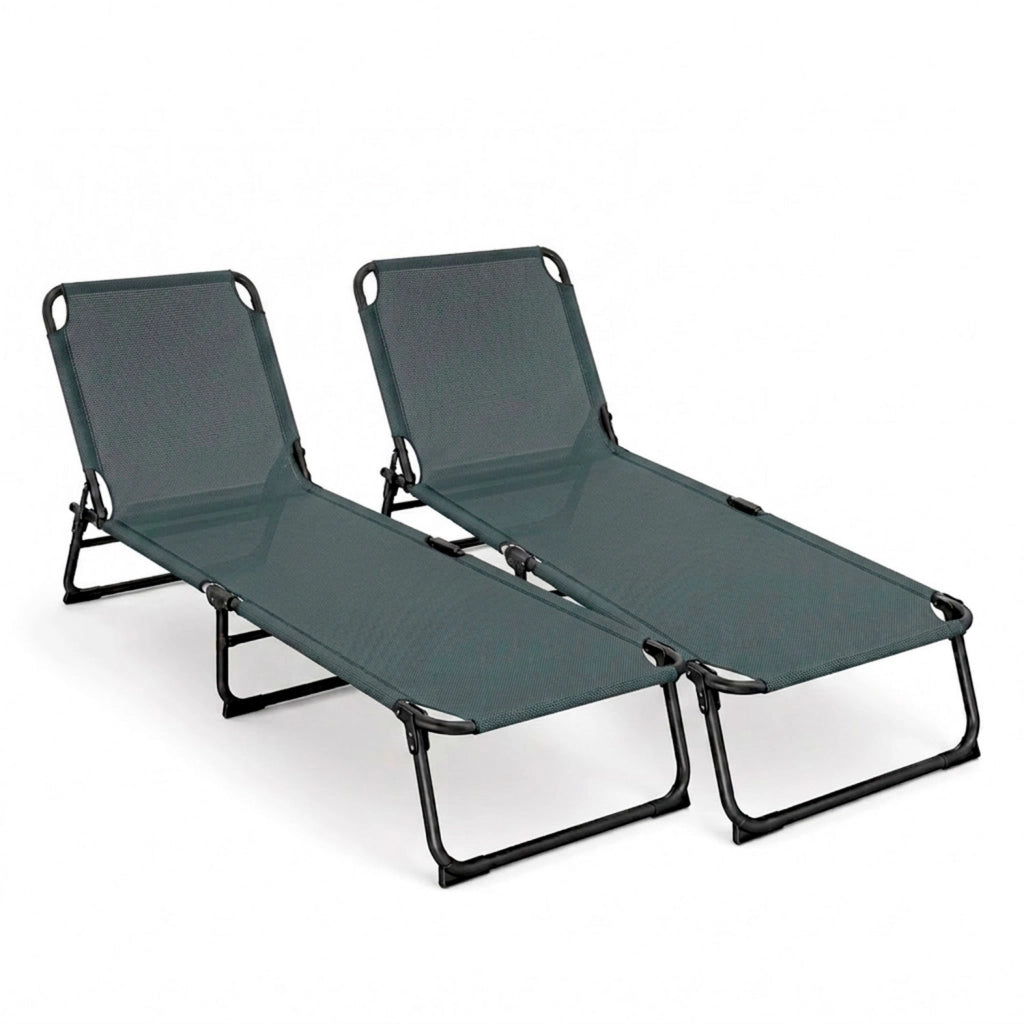Coppia Di Lettini Pieghevoli Prendisole Senza Tettuccio Parasole Schienale Reclinabile Regolabile Struttura In Metallo Nero Sedia Sdraio Per Spiaggia Giardino Piscina 187 x 53 x 24 Cm Grigio Scuro