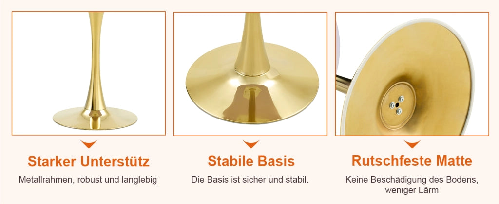 Tavolo Rotondo e Sedie da Pranzo ¨C MINIMAL ¨C MDF Effetto Legno, Gambe Oro, Set 2 Sedie Bianche