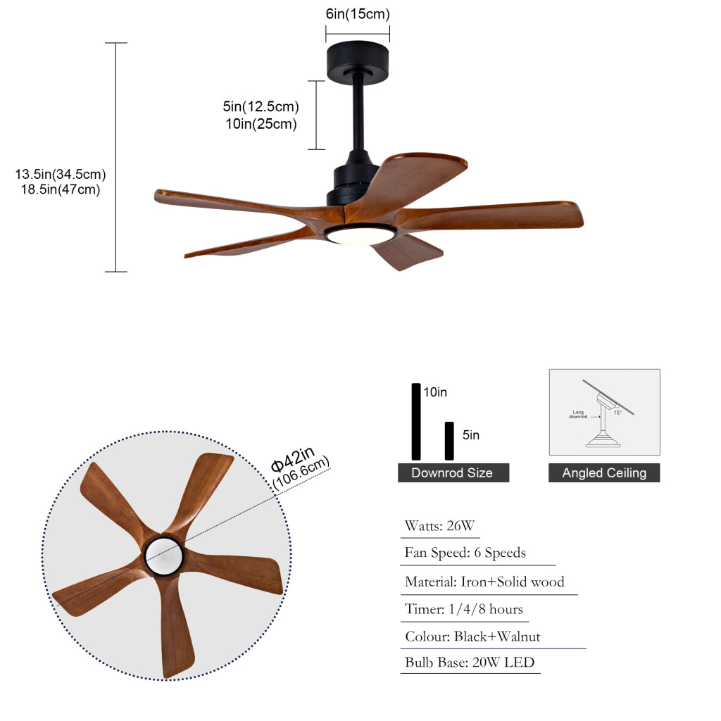 Ventilatore da soffitto da 42 pollici con 5 pale in legno; LED dimmerabile e telecomando