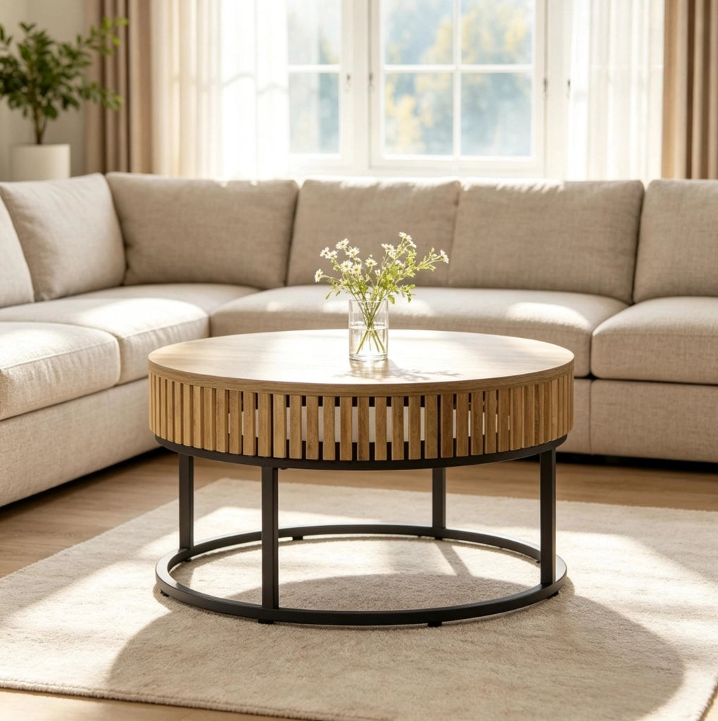 Tavolino da caffè rotondo Ø 80 cm in MDF e metallo nero/marrone HOMVRA